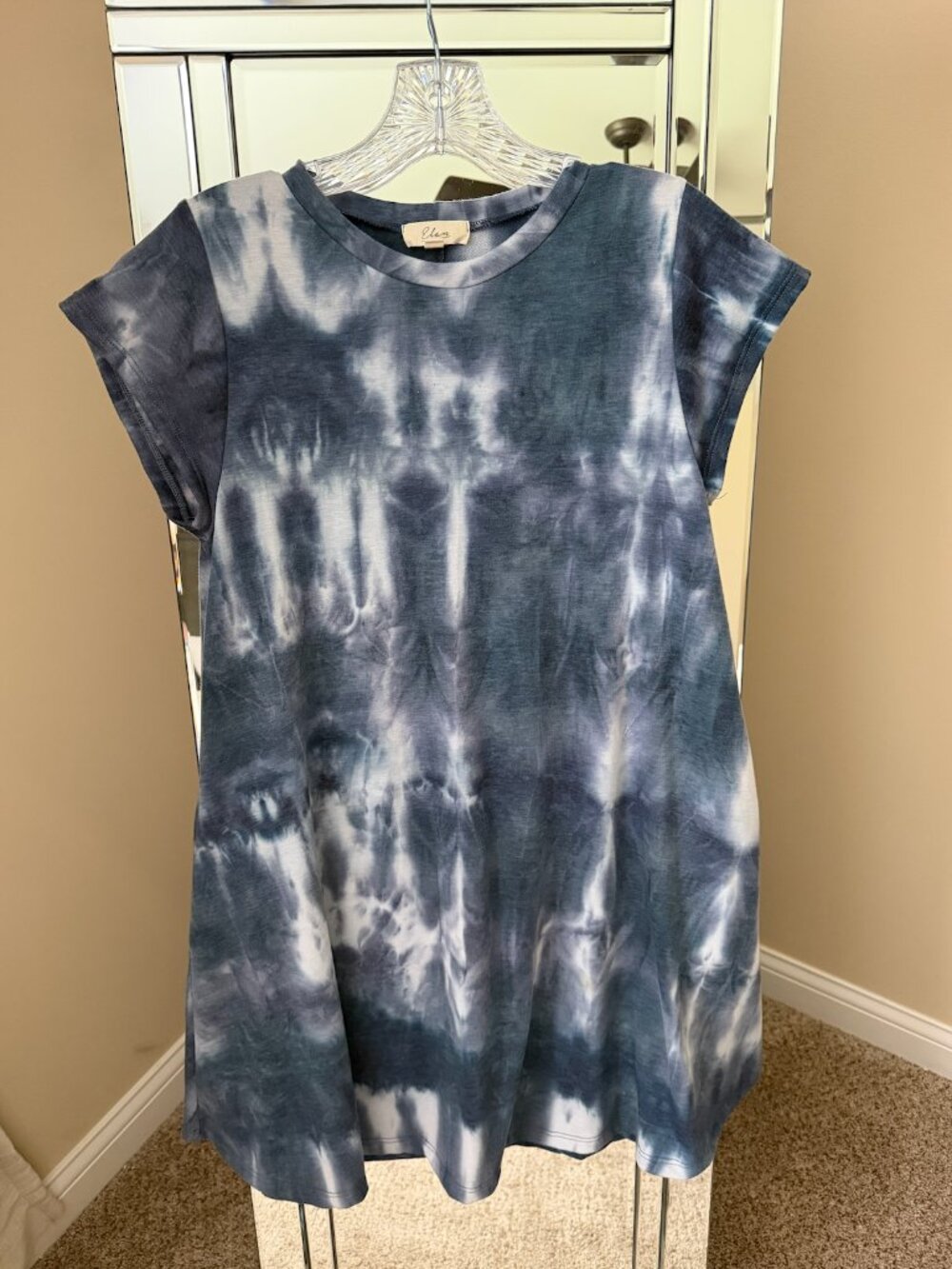 ELAN Tie Dye Blue Shift Dress Short Sleeve Small Boho mini flowy pockets soft